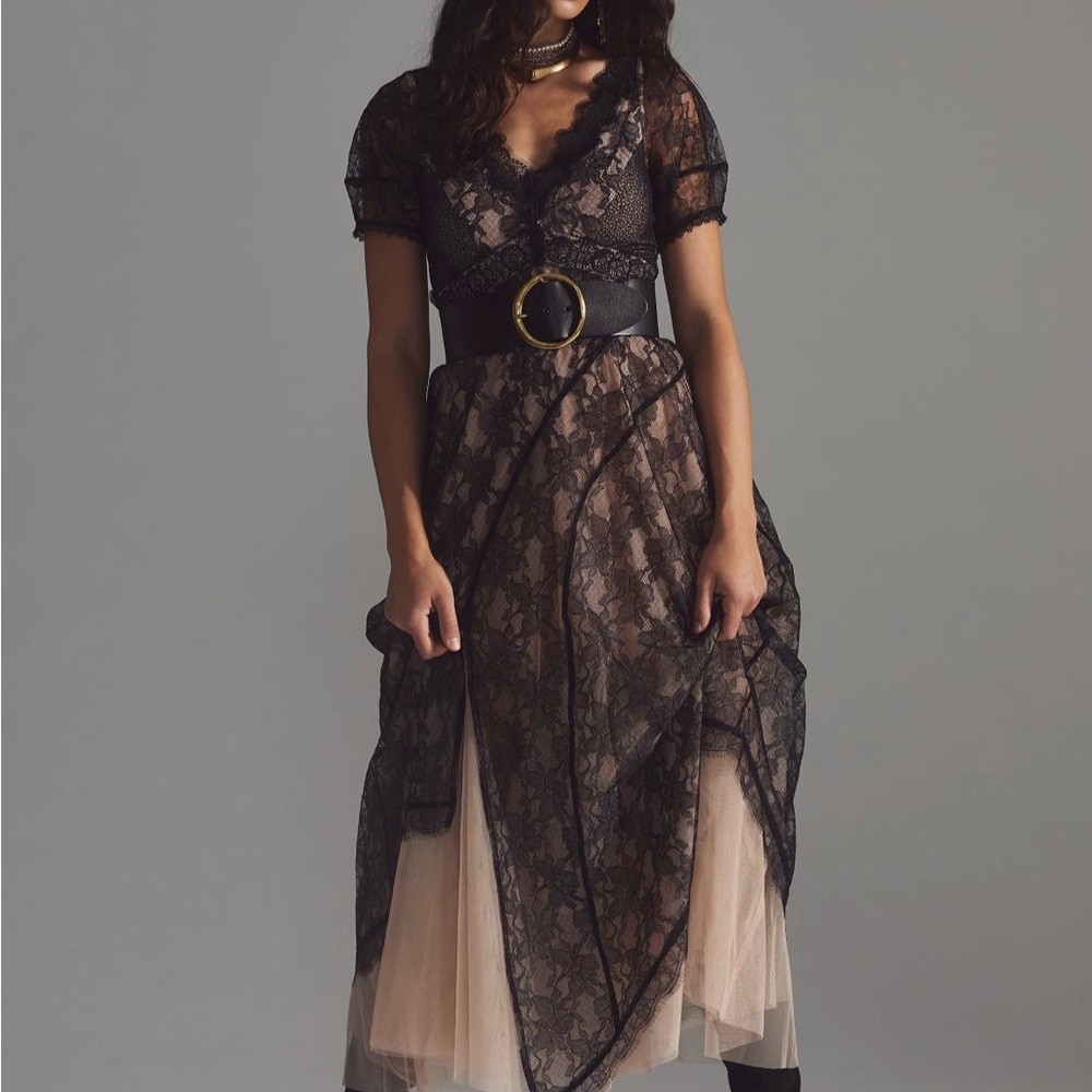 Elegant Black Lace Dress with Tan Underskirt